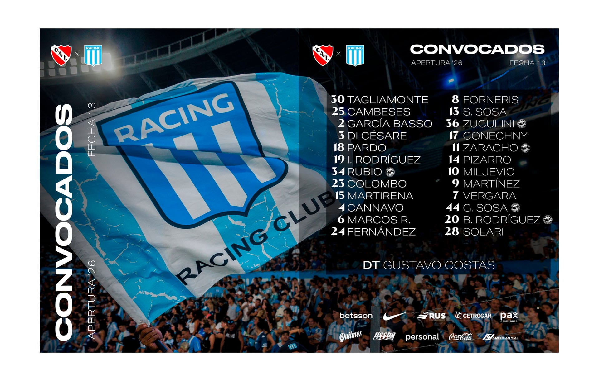 La afición de Racing Club ondea una bandera mientras se anuncia la lista oficial de jugadores convocados por Gustavo Costas para la Fecha 13 del torneo Apertura '26. (X)