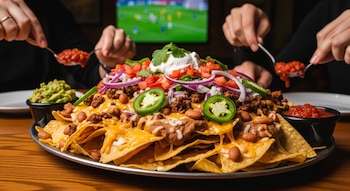 Un plato grande de nachos con queso, carne, frijoles, jalapeños, vegetales y crema. Cuencos con guacamole y salsa. Manos con cucharas. TV con partido de fútbol.