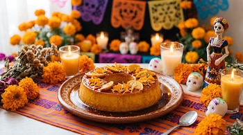 Un flan de naranja con caramelo en plato de barro, rodeado por flores de cempasúchil, velas encendidas, calaveritas de azúcar y una catrina.