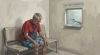 Un hombre sentado en un banco junto a una ventanilla con el cartel «SIN MEDICAMENTOS» y una mano con guante celeste que sostiene un frasco.