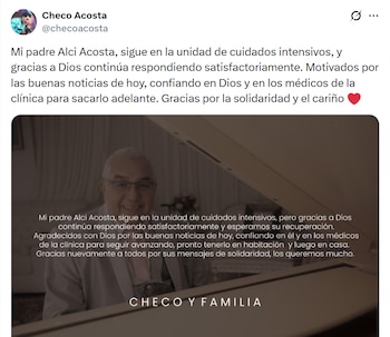 Alci Acosta permanece en UCI y su hijo dio un nuevo parte médico - crédito @checoacosta/ X