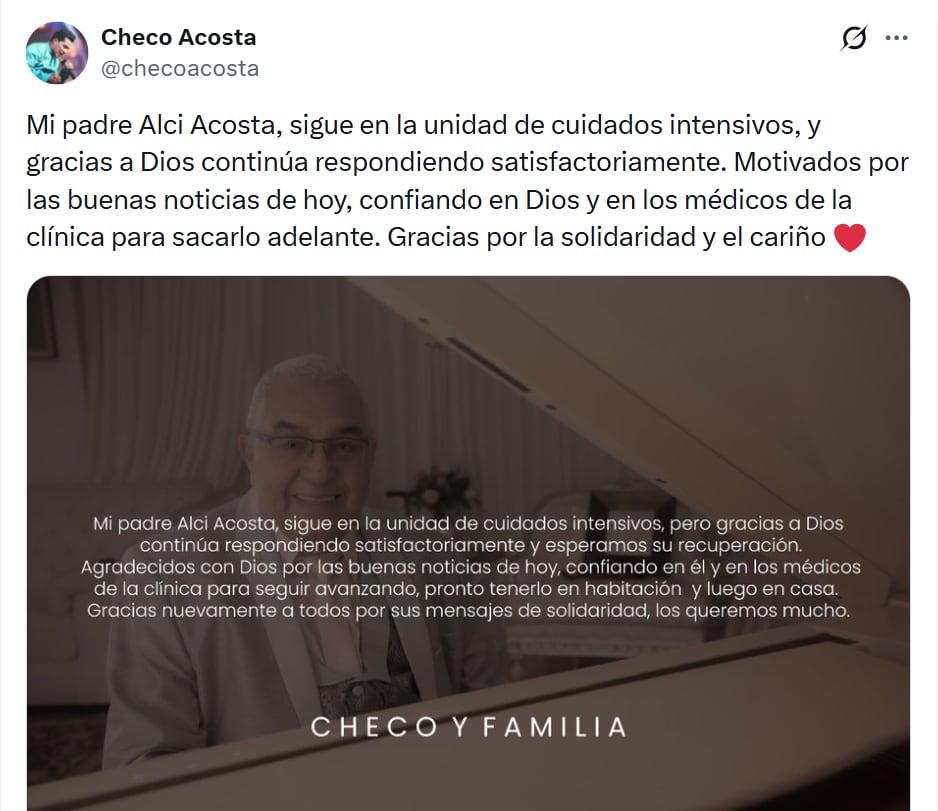 Alci Acosta permanece en UCI y su hijo dio un nuevo parte médico - crédito @checoacosta/ X
