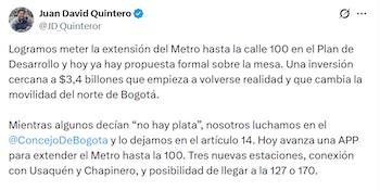 El proyecto de ampliación del metro se incluye en el Plan Distrital de Desarrollo gracias a la gestión del concejal Juan David Quintero y cuenta con respaldo técnico chino - crédito Concejal Juan David Quintero/X