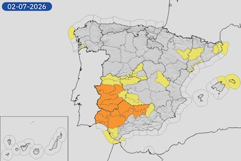 Mapa de alertas meteorológicas para este jueves, 2 de julio. (Aemet)