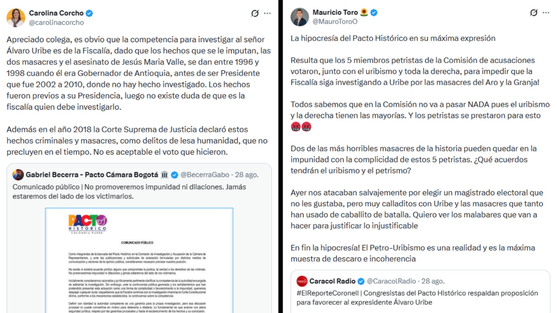 La senadora del Pacto Histórico Carolina Corcho, y el representante a la Cámara por la Alianza Verde Mauricio Toro, cuestionaron la acción por parte de los congresistas Gabriel Becerra, María del Mar Pizarro, David Alejandro Toro, Heráclito Landínez y Jorge Bastidas - créditos @MauroToroO/X | @carolinacorcho/X