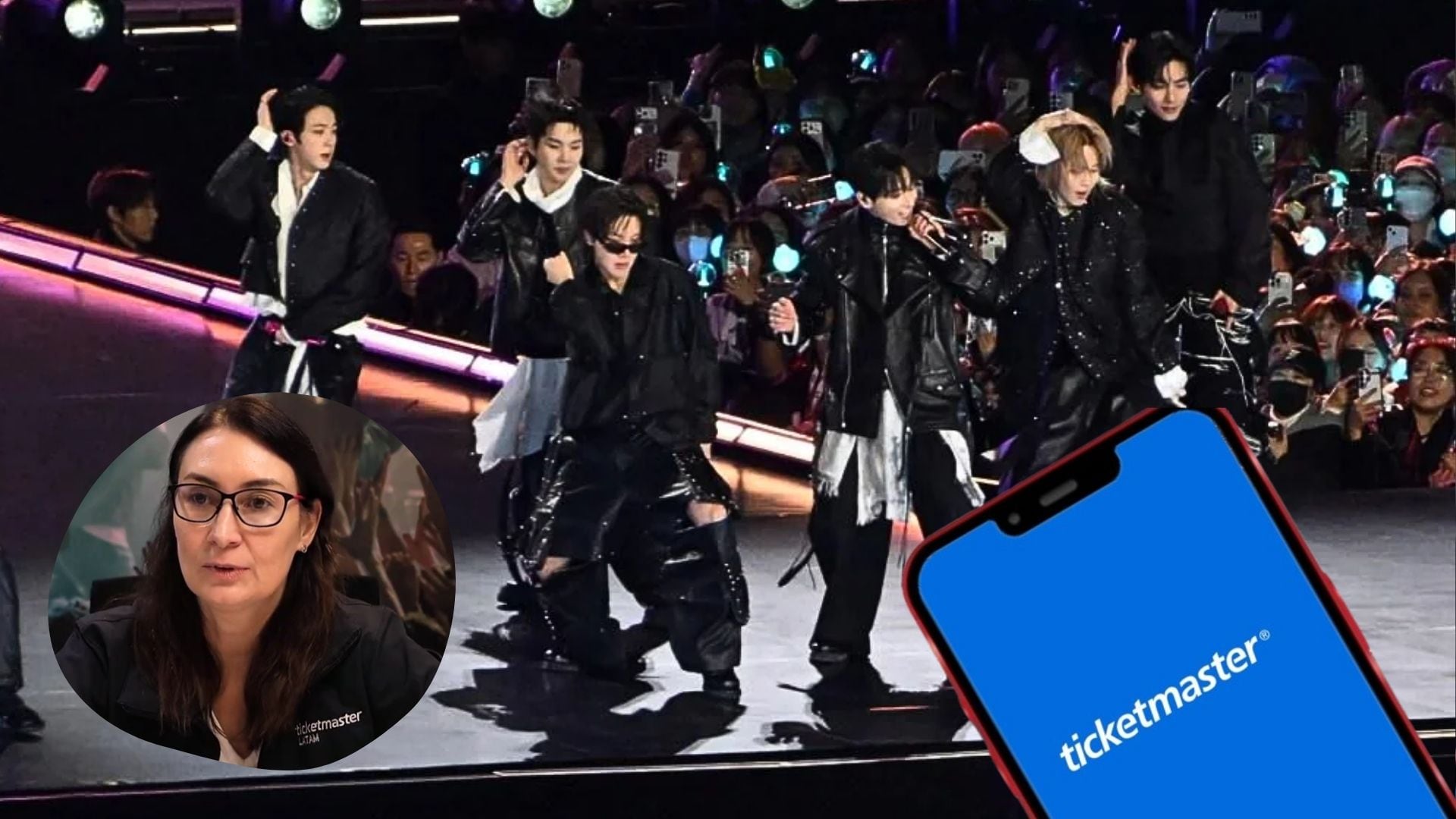 La imagen destaca a una representante de Ticketmaster Perú y el logo de la empresa, en medio de dudas por la venta de entradas en Perú. (Infobae Perú)