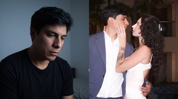 Un montaje de dos fotografías: a la izquierda, un hombre mira hacia abajo; a la derecha, un hombre y una mujer se abrazan íntimamente.