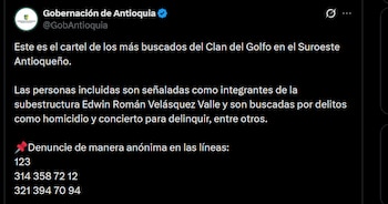 Clan del Golfo - crédito @GobAntioquia/X
