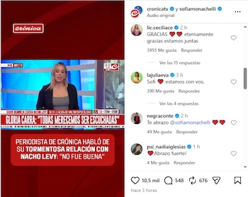 Pantalla de televisión con periodista y textos sobre denuncia. A la derecha, interfaz de red social con comentarios de apoyo y reacciones