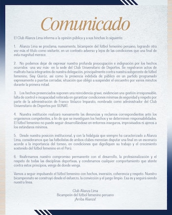 El comunicado de Alianza Lima