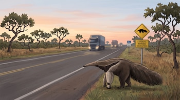 Ilustración de un oso hormiguero al borde de una carretera asfaltada, con camiones al fondo, árboles y una señal de precaución por animales.