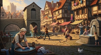 Mujer lavando ropa en un cubo, hombres barriendo calle de mercado con puestos, niños jugando en fuente, y un puente de piedra con arquitectura medieval.