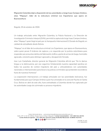 El director de Migración Colombia, José Luis Castañeda, resaltó la cooperación con las instituciones bolivianas para concretar la extradición. (Migración Colombia)