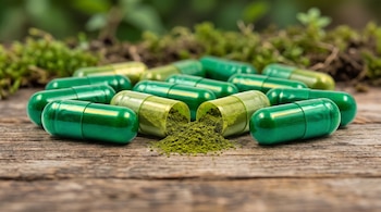 Varias cápsulas verdes opacas y translúcidas sobre madera. Una cápsula translúcida está abierta, de ella sale polvo verde. Fondo con vegetación borrosa.