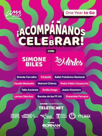 Simone Biles y Los Mirlos, los grandes atractivos de la ceremonia de encendido del reloj de Lima 2027. Crédito: Instagram Lima 2027.