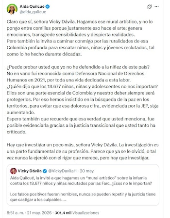 Aida Quilcué respondió aceptando la idea del mural propuesto por Vicky Dávila Dávila y desarmó a la periodista - crédito @aida_quilcue/X