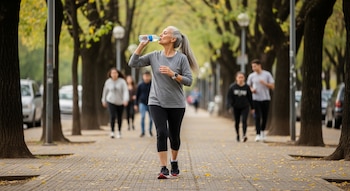 Mujer de 55 años con pelo canoso, vistiendo ropa deportiva gris y negra, bebiendo agua de una botella en un parque arbolado. Hay personas y árboles alrededor.