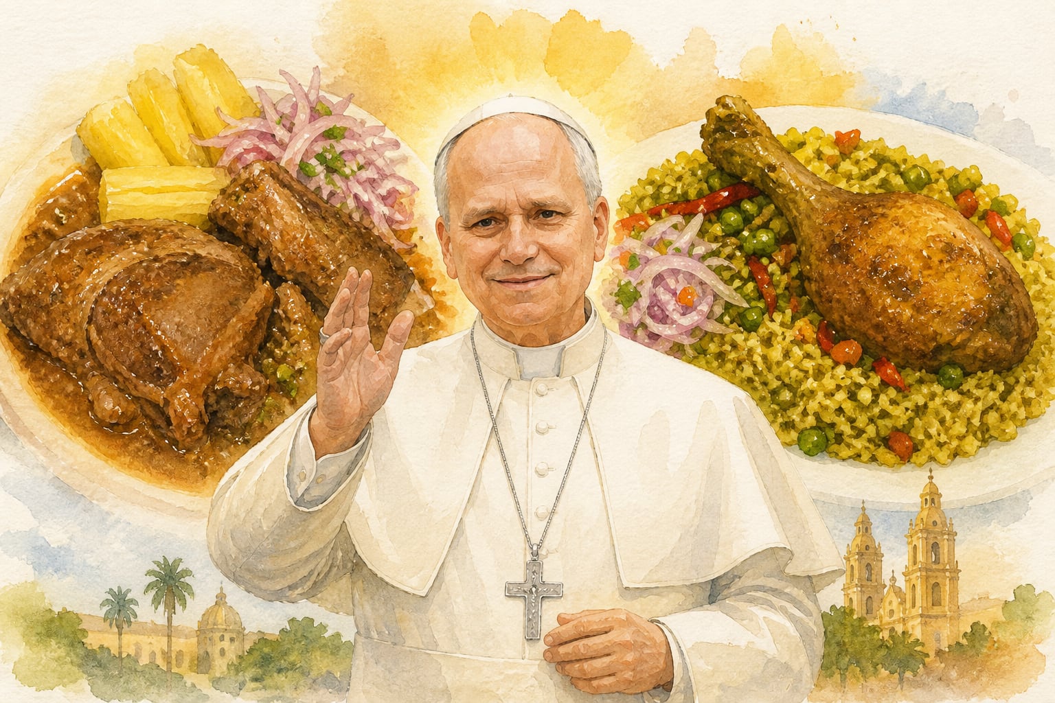 Una ilustración al agua presenta al papa León XIV junto a platos de cabrito a la chiclayana y arroz con pato, sus potajes previstos para su visita a Chiclayo en noviembre de 2026. (Imagen Ilustrativa Infobae)