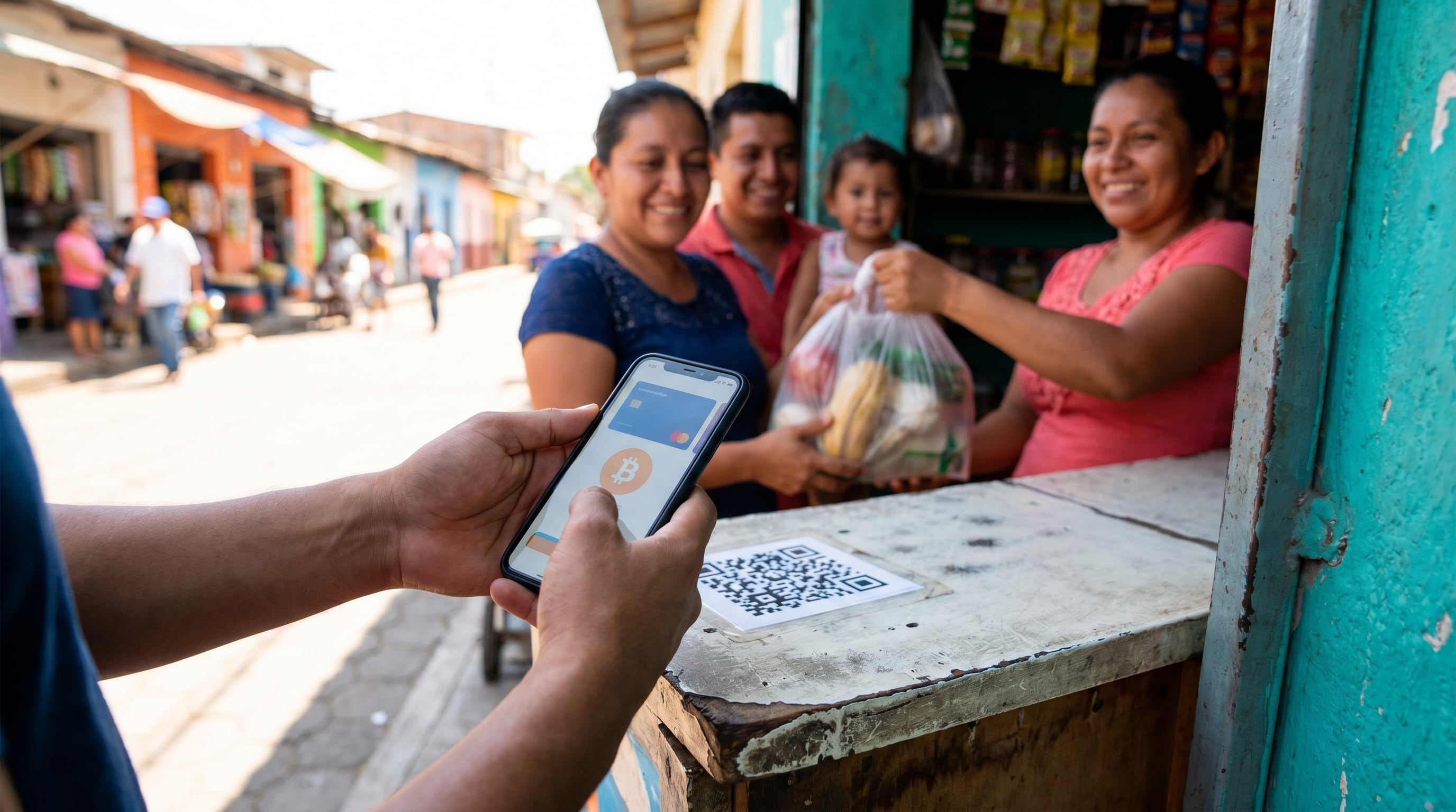 Un residente de El Salvador paga con su smartphone en un comercio local que acepta criptomonedas, ilustrando la integración de las remesas digitales en la vida cotidiana. (Imagen Ilustrativa Infobae)