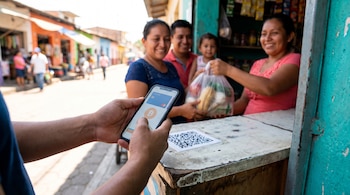 Primer plano de manos usando un smartphone con app Bitcoin junto a un QR para pago en tienda. Una mujer sonriente entrega una bolsa a un cliente, con familia de fondo.