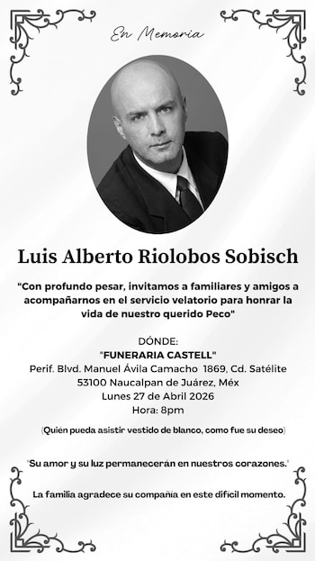 Imagen de obituario con una fotografía en blanco y negro de Luis Alberto Riolobos Sobisch, un hombre calvo vestido de traje, y los detalles del velorio