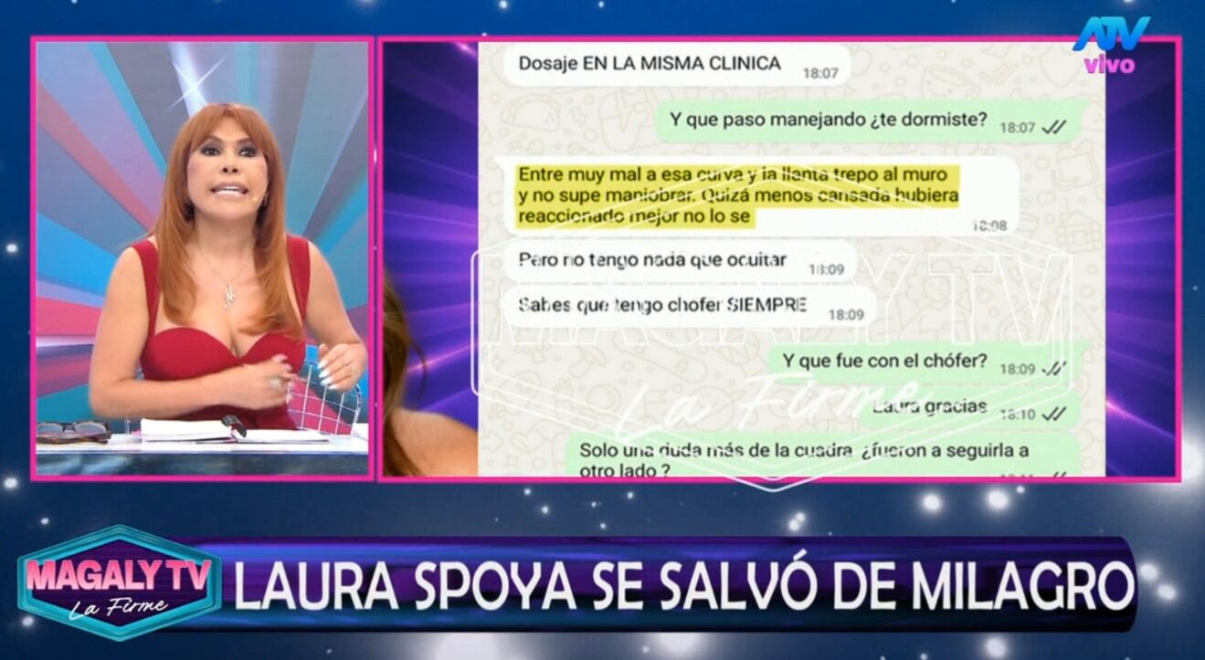 “Estoy viva, jodida de la columna, pero viva”: el duro testimonio de Laura Spoya tras el impacto. ATV/ Magaly TV La Firme.