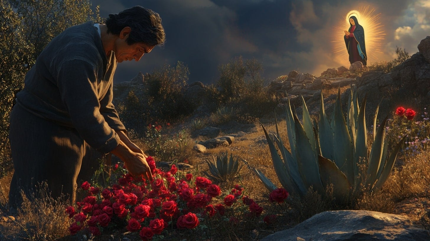 Representación del encuentro entre la Virgen de Guadalupe y Juan Diego, una escena icónica de la fe mexicana. - (Imagen Ilustrativa Infobae)