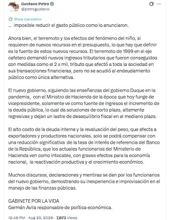 Petro cerró su pronunciamiento con una crítica directa al manejo de las finanzas públicas del nuevo Gobierno - crédito @petrogustavo/X