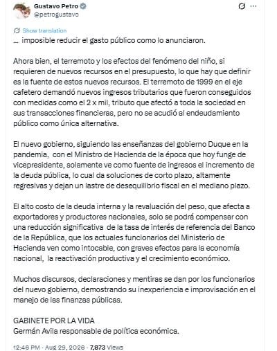 Petro cerró su pronunciamiento con una crítica directa al manejo de las finanzas públicas del nuevo Gobierno - crédito @petrogustavo/X