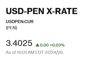 Captura de Bloomberg con el precio del dólar del 24 de julio en Perú