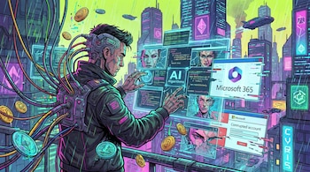 Hacker con implantes y cables conectados a la cabeza, manipulando pantallas holográficas que muestran IA, cuentas Microsoft 365 y criptomonedas, en una ciudad cyberpunk.