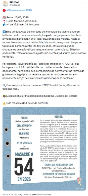 Pronunciamiento de Indepaz por masacre en Marinilla, Antioquia - crédito @indepaz/X