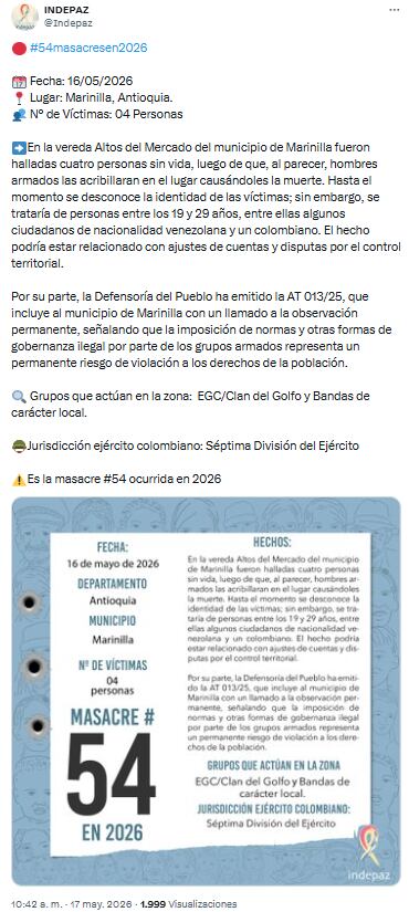 Pronunciamiento de Indepaz por masacre en Marinilla, Antioquia - crédito @indepaz/X