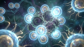 Ilustración 3D de una vista microscópica con células esféricas luminosas azules y centros dorados, rodeando un grupo de células irregulares verde-moradas.
