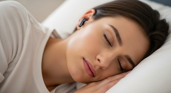 Primer plano de una mujer durmiendo de lado sobre una almohada blanca, con un auricular inalámbrico pequeño y negro en su oído derecho.