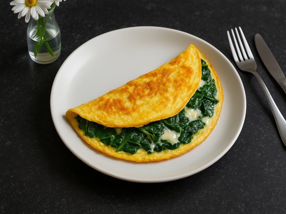 Spinach and cheese breakfast omelet served on a plate