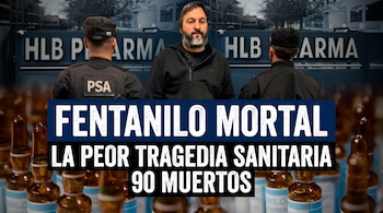 Hombre barbudo entre dos personas con uniformes PSA, frente a una instalación con el letrero 'HLB FARMA'. Ampollas médicas marrones en primer plano.