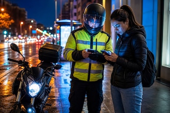 Un hombre con casco y chaqueta reflectante y una mujer con mochila miran las pantallas de sus teléfonos móviles junto a una motocicleta.