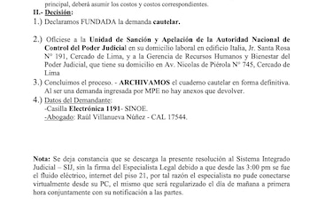 Paucar declaró fundada la medida cautelar de María Vidal dejando sin efecto provisionalmente la suspensión dictada por la ANC del PJ. Fallo luego fue anulado por irregularidades