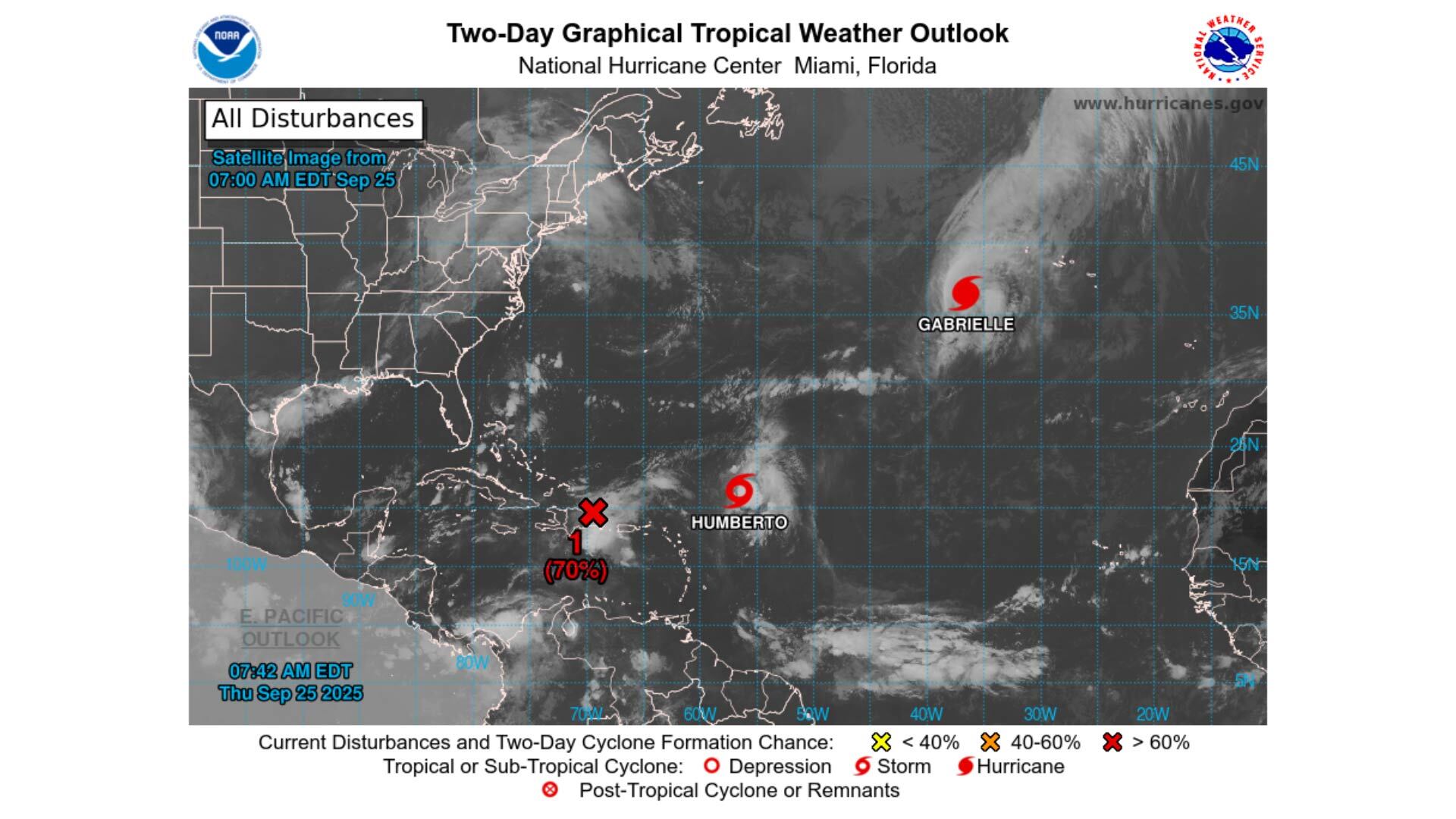 Las autoridades recomiendan vigilancia constante ante la posible intensificación de la tormenta Humberto y cambios en su rumbo. (NHC)