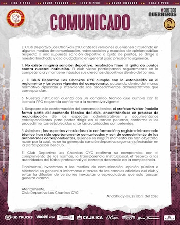 Comunicado de Los Chankas sobre la situación de Walter Paolella. Crédito: Instagram Los Chankas.