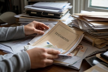 Manos sobre una mesa de madera sosteniendo un documento impreso con el título Testamento, rodeado de carpetas, papeles y billetes de euro.