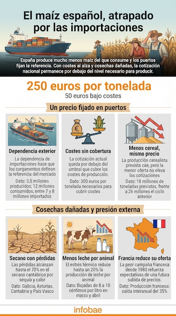 Infografía con título, dibujo de un buque de carga, tres agricultores en un maizal y seis recuadros con gráficos, mapas y texto explicativo.