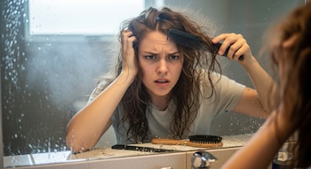 Mujer joven con cabello largo y encrespado, mirándose en un espejo empañado, intenta peinarse con un peine negro, mostrando frustración.
