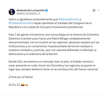 Abelardo de la Espriella agradeció aprobación del Congreso para trasladarse a Cali