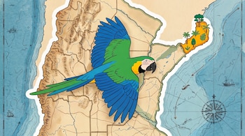 Guacamayo azul y verde volando sobre mapa estilo antiguo. Muestra montañas, océano azul, olas, barcos, brújula y una isla con árboles tropicales.