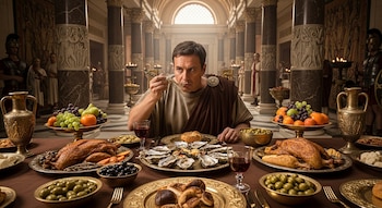 Un hombre en túnica romana degusta alimento en una mesa con platos de aves, ostras, frutas, pan y aceitunas, en un salón con columnas y otras figuras