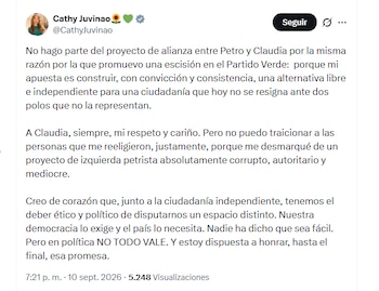 La congresista Catherine Juvinao aseguró que no hace parte del proyecto de alianza entre Petro y Claudia López - crédito @CathyJuvinao/X