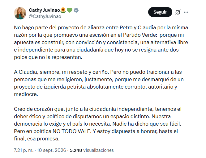 La congresista Catherine Juvinao aseguró que no hace parte del proyecto de alianza entre Petro y Claudia López - crédito @CathyJuvinao/X
