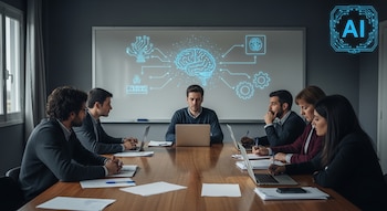Una reunión en una mesa de madera con seis personas genéricas, laptops y papeles. Un pizarrón blanco muestra diagramas azules de IA, un cerebro digital y engranajes.